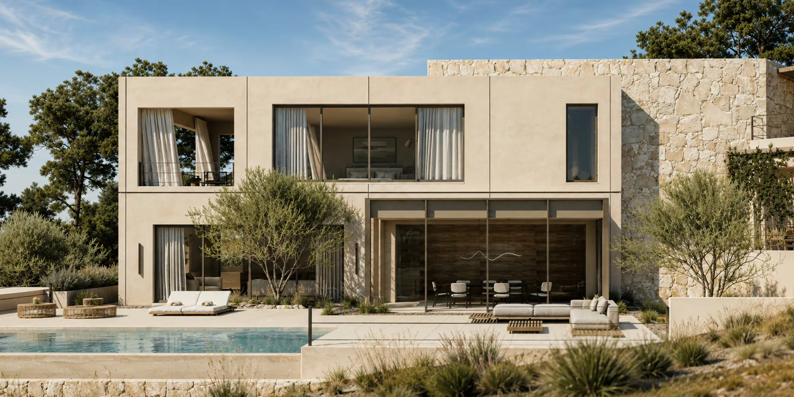 A two-storey Konn home in stone and plaster, with a pool and terrace opening onto the landscape.